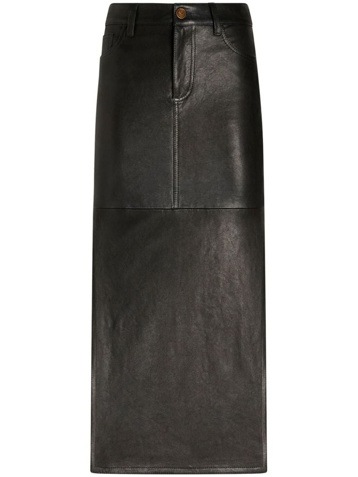 black lambskin belt loops side slits concealed fly and button fastening below-knee length Printed Long Skirt, Midi Skirt Black, Sarong Skirt, Silk Maxi Skirt, Leather Midi Skirt, Black Midi Skirt, Straight Skirt, Gray Skirt, Skirt Black