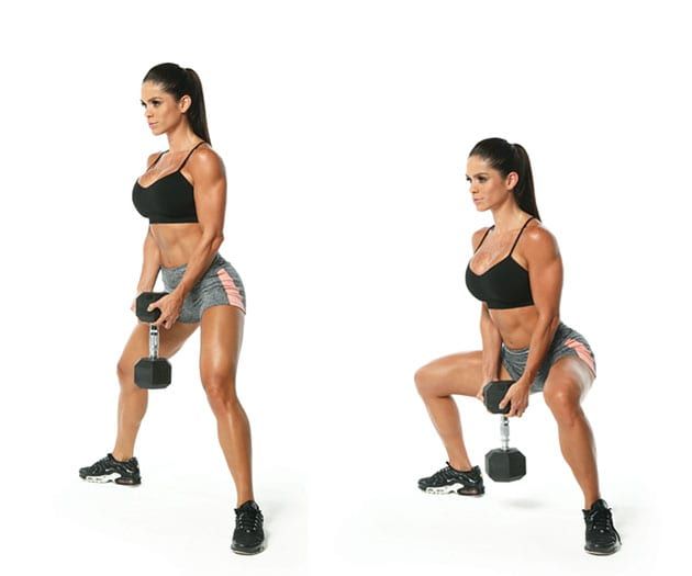 a woman doing squats with dumbbells in front and behind her, holding a kettle