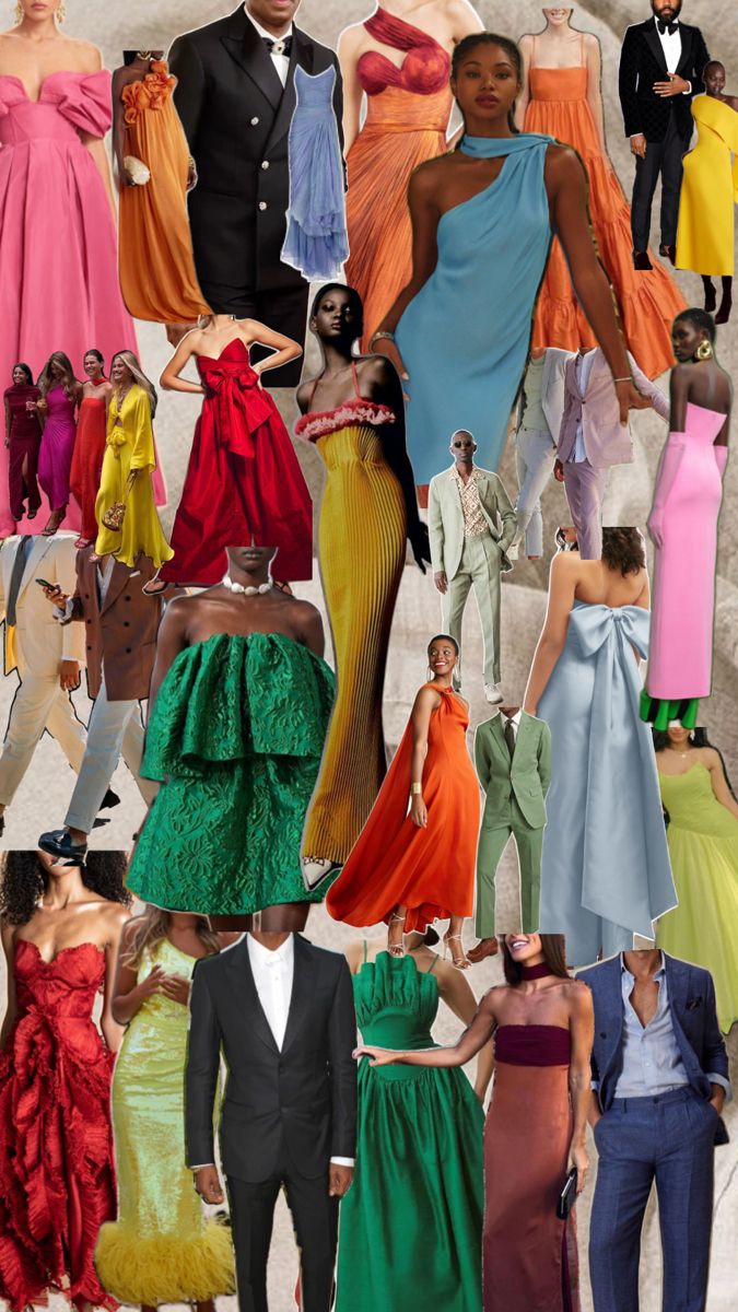 a collage of different colored dresses and men in tuxedos, with one woman standing on the other side