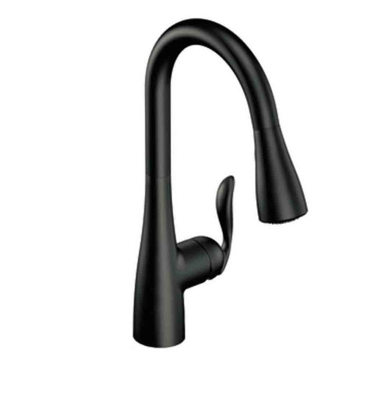 a black kitchen faucet with the handle extended to it's spout