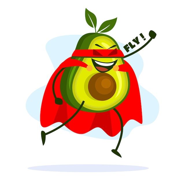 an avocado dressed as a super hero running with the words fly on it