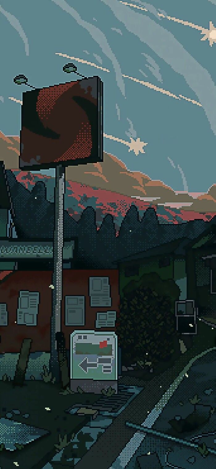 a digital painting of a street sign in front of a red building with mountains in the background