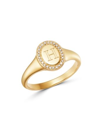 Zoe Lev 14K Yellow Gold Diamond Initial Signet Ring - H/Gold Classic Diamond Initial Ring With Monogram, Classic Diamond Monogram Initial Ring, Yellow Gold Signet Ring With Diamond Accents, Fine Jewelry Yellow Gold Signet Ring With Diamond Accents, Gold Oval Signet Ring With Diamond Accents, Oval Gold Signet Ring With Diamond Accents, Yellow Gold Oval Signet Ring With Diamond Accents, Timeless Yellow Gold Signet Ring With Diamond Accents, Personalized Oval Diamond Initial Ring