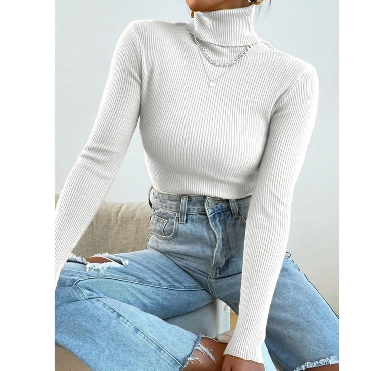 White Ribbed Turtleneck Casual Ribbed Knit High Stretch Slim Fit 50% Polyester 27% Viscose 23% Nylon S-4 M-6 L-8/10 Xl-12 Size Tags Are S, M, L, Etc Shop My Boutique For Styles / Events! Romantic Date Night Bride Lingerie Winter Fall Summer Spring Boho Love Gypsy Hippy Beachy Resort Bohemian Lace Girly Trendy Minimalist Y2k College 90s 00s 60s 70s Vintage Engagement Party Wedding Bachelorette Travel Western Cruise Tiktok Classy Work Office Business Sexy Modest Festival Blue Silk Pink White Baby Turtleneck Sweater Necklace, Look Legging, Bodycon Floral Dress, Sweaters Online, Ribbed Knit Sweater, Crop Top Blouse, Basic Tops, Mode Inspiration, Outfit Casual