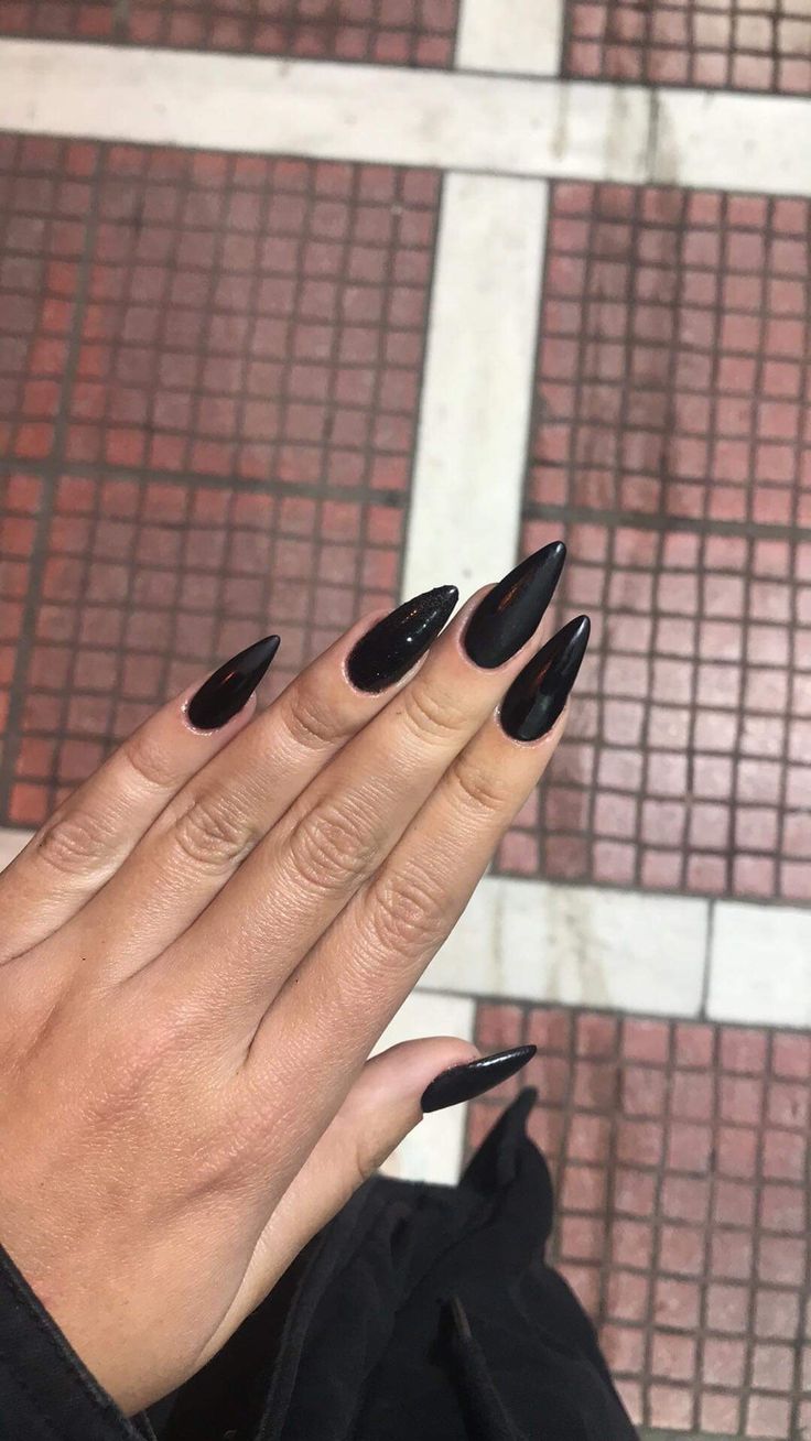 Long matte black stiletto nails Nails Acrylic Black Stilettos, Black Almond Matte Nails, Black Nails Almond Long, Black Pointy Acrylic Nails, Pointed Black Nails, Goth Nails Matte, Long Sharp Black Nails, Long Black Pointy Nails, Long Sharp Almond Nails