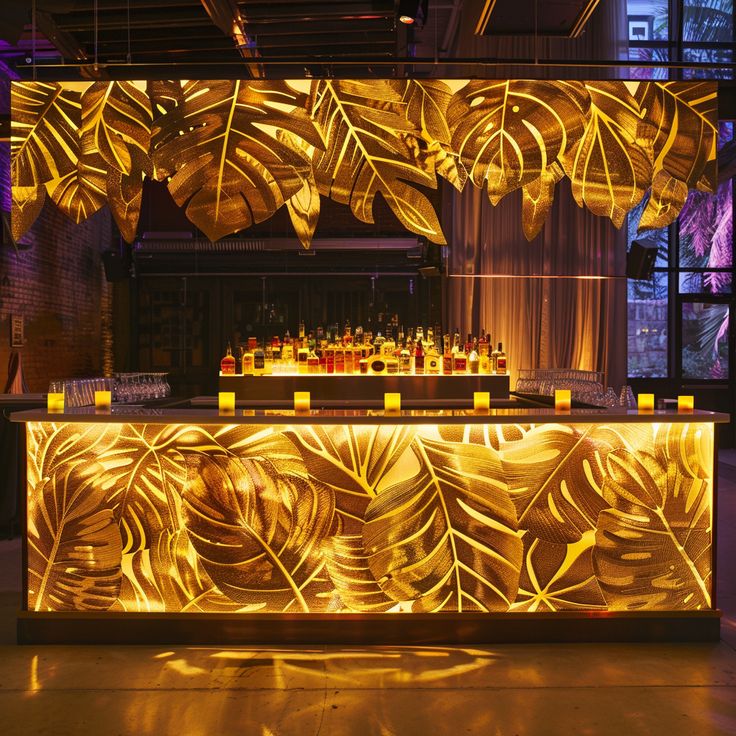 the bar is decorated with gold leaves and candles