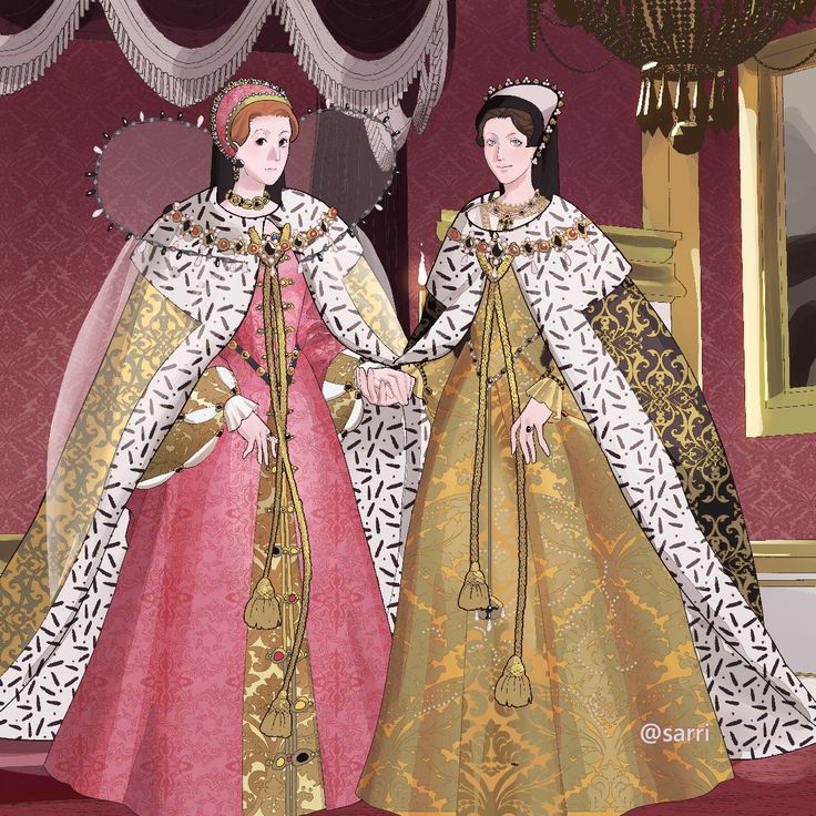 two women dressed in fancy clothing standing next to each other