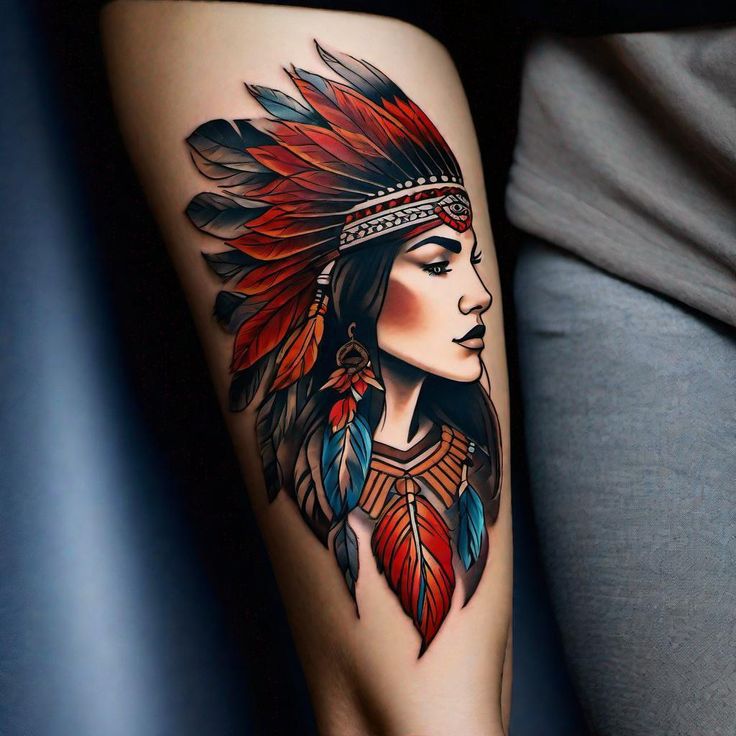 Native American Tattoos For Women, Red Indian Tattoo, Indian Headdress Tattoo, Cherokee Indian Tattoos, Indian Women Tattoo, Indian Girl Tattoos, Headdress Tattoo, Native American Tattoo, Native American Tattoos