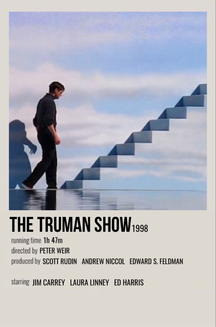 the truman show poster with man walking up stairs