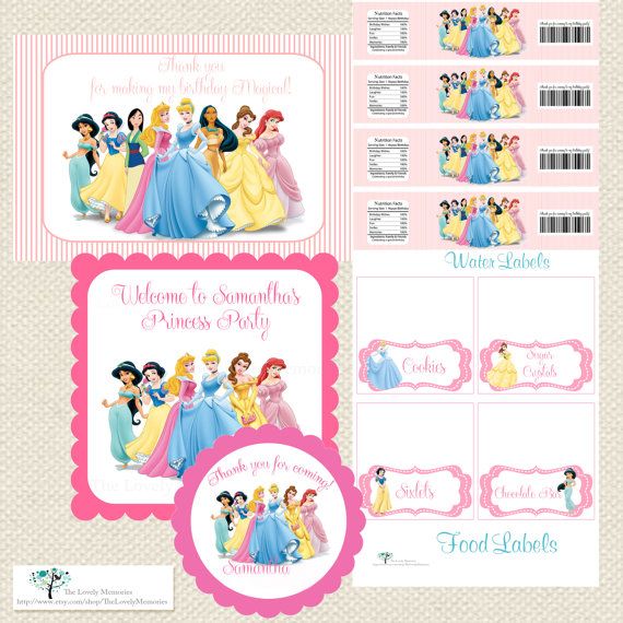 disney princess birthday party printables with labels and stickers, including an envelope