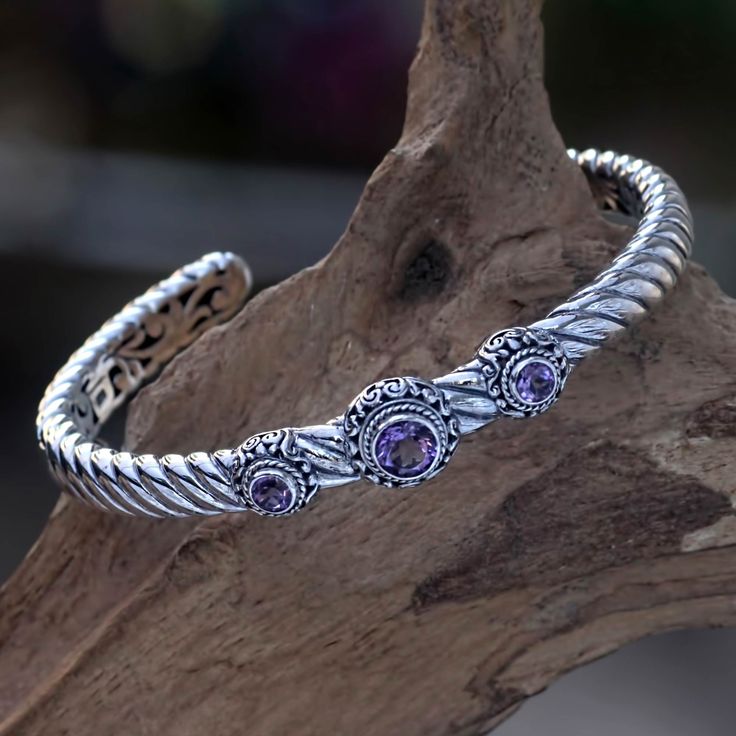 Three glorious crowns holding sparkling purple amethysts are the highlight of this cuff bracelet from Bali's Kadek Hendra. The cuff is crafted of gleaming sterling silver with a rope motif and features a cleverly concealed hinge on one side for convenience..925 Sterling silver Pearl Cuff Bracelet, Vintage Wedding Jewelry, Triple Crown, Sterling Silver Engagement Rings, Sterling Silver Cuff Bracelet, Celtic Jewelry, Jade Jewelry, 925 Silver Jewelry, Sterling Silver Cuff