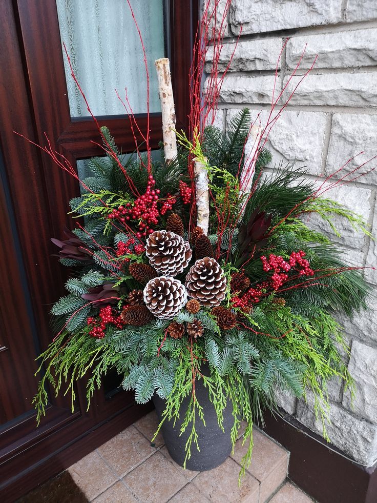 a potted plant with pine cones and red berries on the ground in front of a door