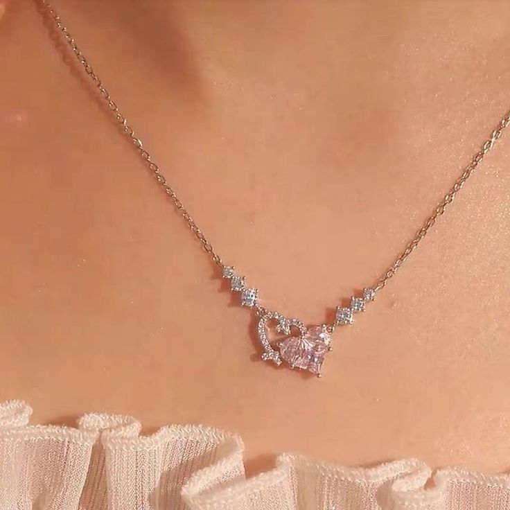 Trendy Pink Diamond Duo Heart Necklace This trendy pink diamond duo heart necklace is the perfect accessory for adding a touch of cuteness to any outfit. The two hearts symbolize love and connection, making it a meaningful addition to your collection. With its delicate design and stylish color, this necklace is sure to become your new favorite. Pink Gold Necklace, Pink Heart Necklace, Copper Crystal, Heart Necklace Diamond, Necklace For Girlfriend, Pretty Necklaces, Pink Jewelry, Pink Necklace, Environmental Friendly