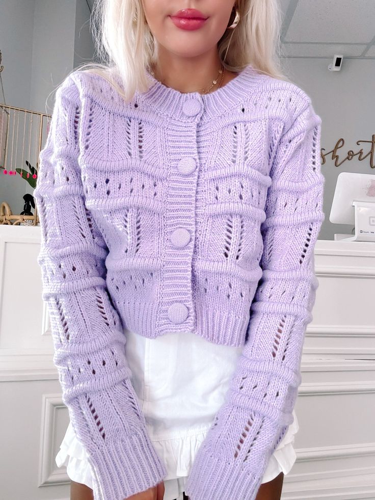 Lost in Lilac Cardigan | sassyshortcake.com | Sassy Shortcake Lavender Knit Sweater For Fall, Purple Knitted Sweater For Layering, Cozy Lavender Sweater For Fall, Cozy Lavender Fall Sweater, Cozy Purple Textured Knit Sweater, Casual Purple Soft Knit Cardigan, Cozy Purple Cardigan For Spring, Purple Winter Cardigan For Layering, Lavender Winter Sweater