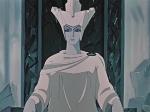 an animated image of a woman wearing a headdress and standing in front of a window