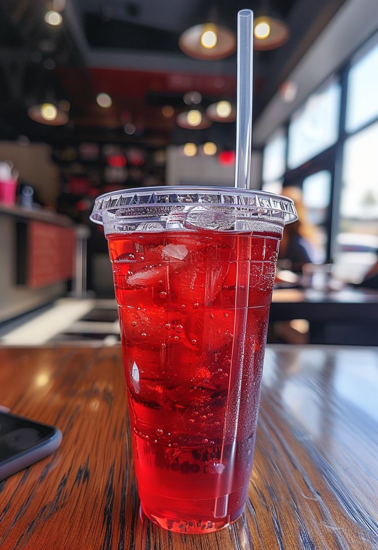 a red drink sitting on top of a wooden table