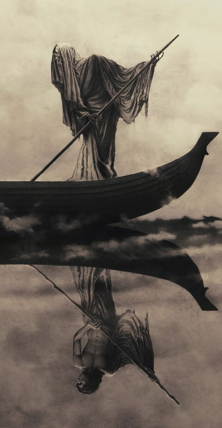 a drawing of a person in a boat with a long pole on it's head