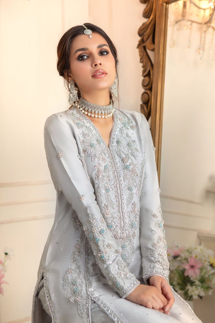 Calla Silver Dresses With Mirror Work For Festive Occasion, Silver Dress With Mirror Work For Festive Occasions, Elegant Silver Dress With Resham Embroidery, Festive Silver Dress With Mirror Work, Silver Anarkali Set With Mirror Work For Reception, Silver Anarkali Kurta For Wedding, Silver Dress With Mirror Work In Traditional Drape, Silver Anarkali Set With Dabka Work For Eid, Silver Embellished Anarkali Set For Festive Occasions