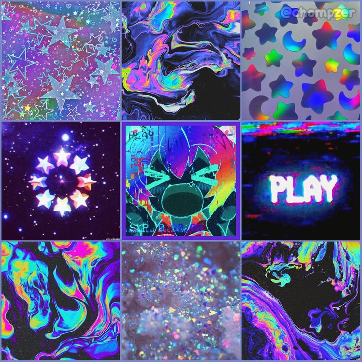 colorful abstract images with the word play in different colors and shapes, all over a purple background