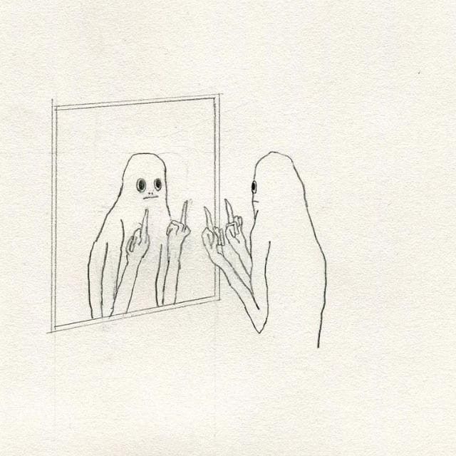 a drawing of a person looking at their reflection in a mirror with two birds on it