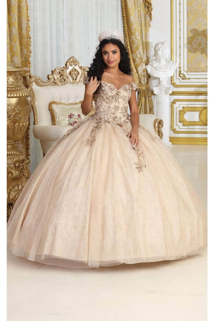 May Queen LK222 - 3D Floral Ballgown Glamorous Embellished Quinceanera Dress For Gala, Glamorous Sequined Quinceanera Dress For Gala, Glamorous Quinceanera Dress With Sequins For Gala, Embellished Ball Gown Quinceanera Dress For Gala, Embellished Ball Gown For Gala Quinceanera Dress, Embellished Ball Gown For Quinceanera Gala, Quinceanera Gown With Sequins And Fitted Bodice, Gold Ball Gown Dress For Quinceanera, Gold Embellished Dress For Quinceanera