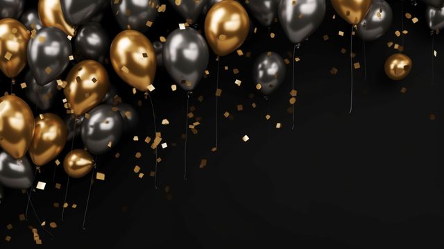 black and gold balloons with confetti falling from the top to the bottom on a black background