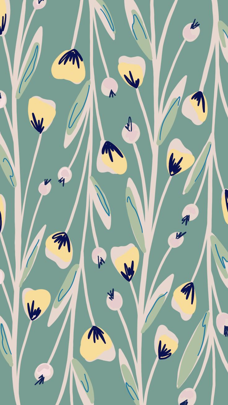 an abstract floral pattern with blue, yellow and white flowers on a teal background