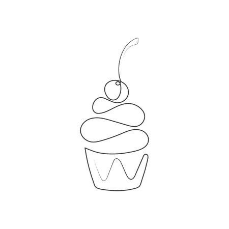 a single line drawing of a cupcake with icing and a cherry on top