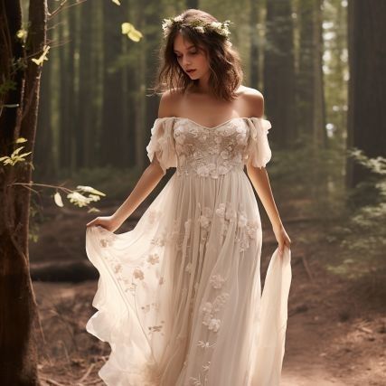 a woman in a white dress is walking through the woods with her hands on her hips