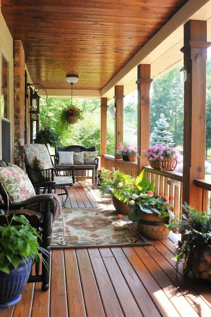 a porch with chairs and potted plants on it