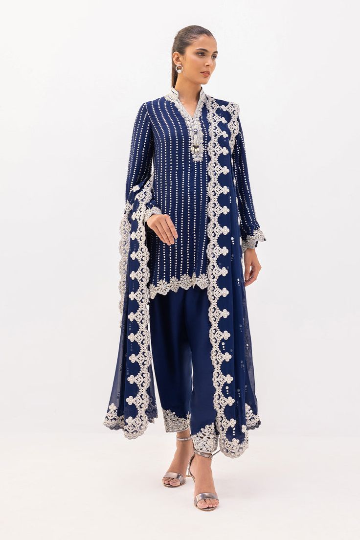 Farah – Sania Maskatiya International Baat Pakki, Sania Maskatiya, Asian Clothes, Upscale Fashion, Nikkah Dress, Georgette Dupatta, Floral Work, Blue Coral, Shalwar Kameez