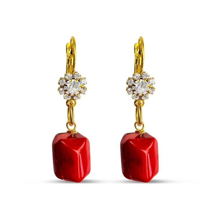 These unique handcrafted earrings are made from red coral and gold-tone metal. Red Coral's meaning is the correct use of power, untapped energy, and driving ambition that creates leadership, courage, and confidence. Large gemstone earrings feature a modern interpretation of classic design. Stunning earrings to complete your unique look! SIZING Length 5 cm Width 1.5cm Earrings (pair) weight 12g CARE & INFO Keep your jewelry away from salt water and harsh chemicals, especially chlorine and deterge Red Single Earring For Formal Occasions, Red Cluster Earrings Gift, Adjustable Red Elegant Earrings, Red Single Earring As Gift, Single Red Earring For Gift, Single Red Earring Gift, Elegant Red Hoop Earrings With Ear Wire, Red Cluster Earrings For Pierced Ears As Gift, Red Clip-on Earrings As Gift