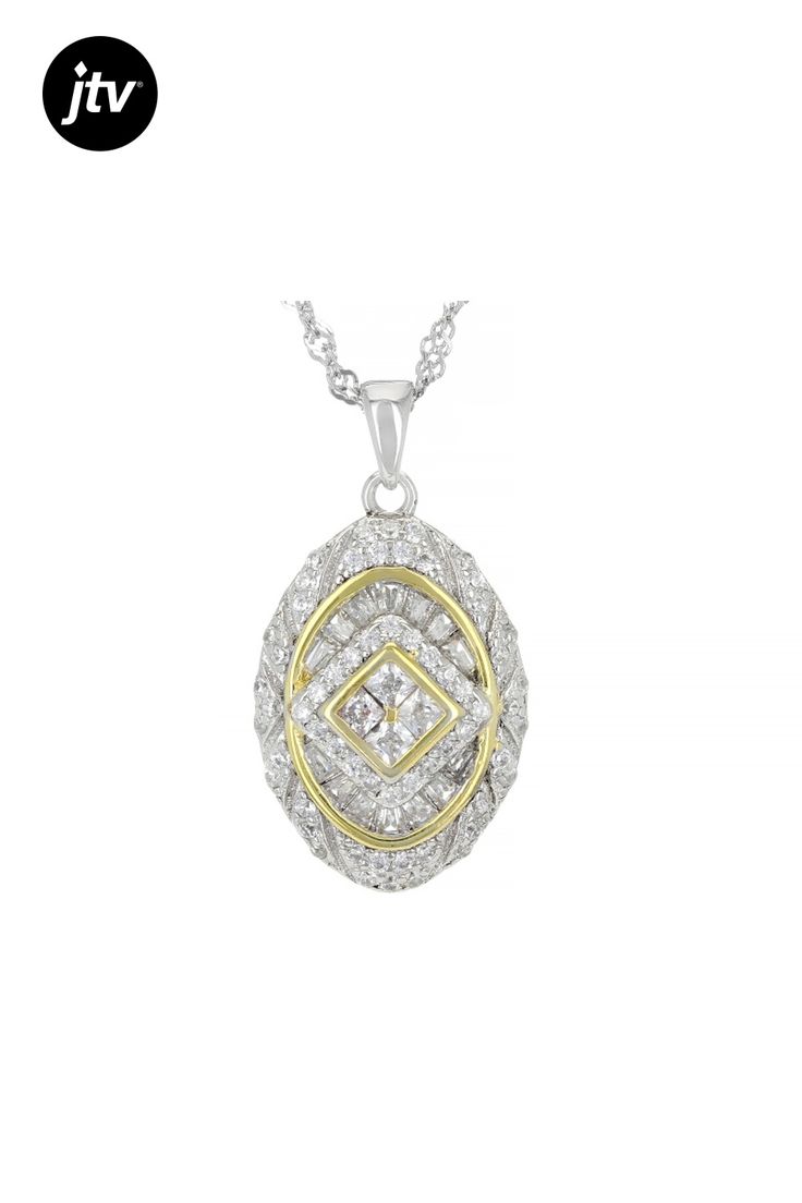 Bella Luce�� white diamond simulant 1.31ctw baguette, square, and round, rhodium and 14k yellow gold over sterling silver pendant. Includes a 18" L x 0.03" W singapore chain with a 2" extender and lobster claw clasp closure. Pendant measures approximately 1" L x 0.5" W and has a 2mm x 1mm bail. Diamond equivalent weight is 0.79ctw. Baguette Cut Jewelry With Pave Setting As A Gift, Baguette Cut Jewelry With Pave Setting For Gifts, White Gold Cubic Zirconia Jewelry With Baguette Diamonds, Fine Jewelry With Diamond White Baguette Diamonds, Fine Jewelry With Baguette Diamonds In Diamond White, Diamond White Baguette Diamonds Fine Jewelry, Fine Jewelry With White Baguette Diamonds, White Baguette Diamond Jewelry For Anniversary, Cubic Zirconia Baguette-cut Jewelry With Center Stone