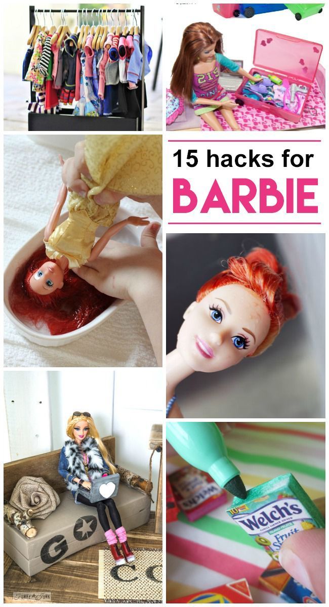 barbie dolls and toys are featured in this collage with text that reads 15 hacks for barbie