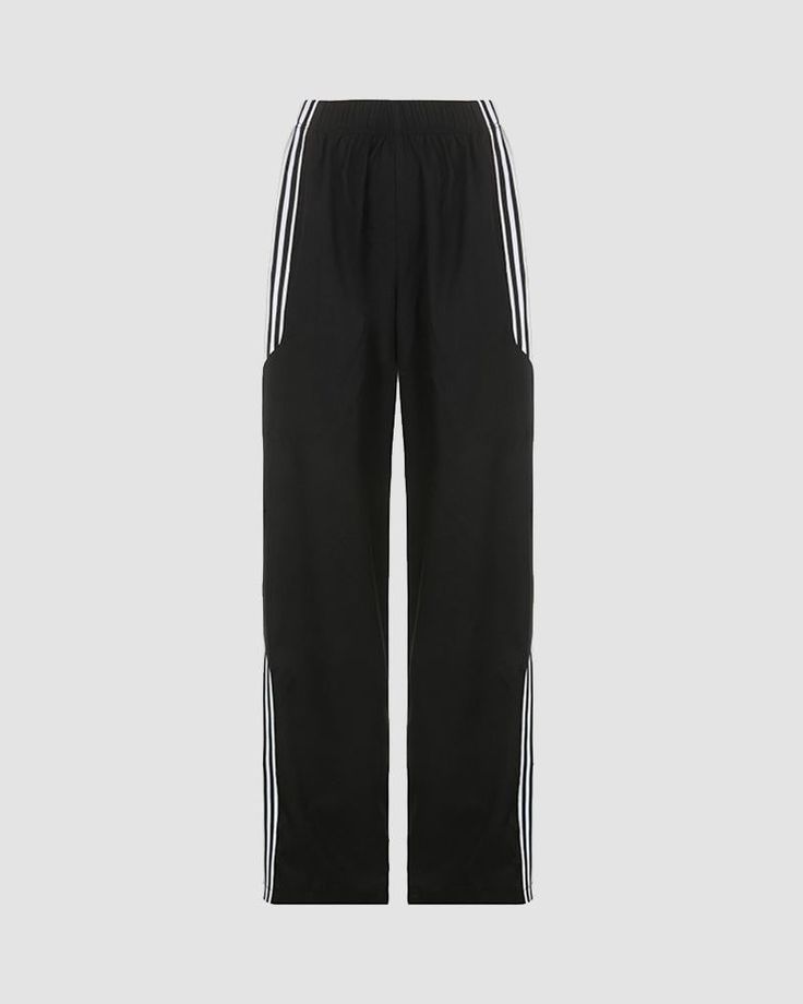 Details: Black long cargo pants with side white stripes designBottom Length: LongMaterials:95% Polyester + 5% Spandex Full Length Athleisure Pants With Three Stripes, Sporty Straight Leg Bottoms With Contrast Stripes, Athleisure Streetwear Pants With Contrast Stripes, Athleisure Pants With Contrast Stripes For Streetwear, Black Parachute Pants With Cargo Pockets For Sports, Black Pants With Contrast Stripes For Streetwear, Black Straight Leg Sportswear Pants, Black Wide Leg Pants With Contrast Stripes, Sporty Wide Leg Black Cargo Pants