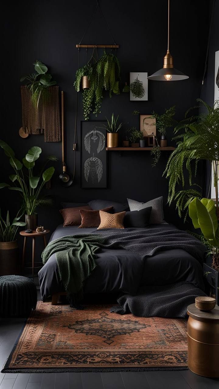 a bedroom with black walls and lots of plants