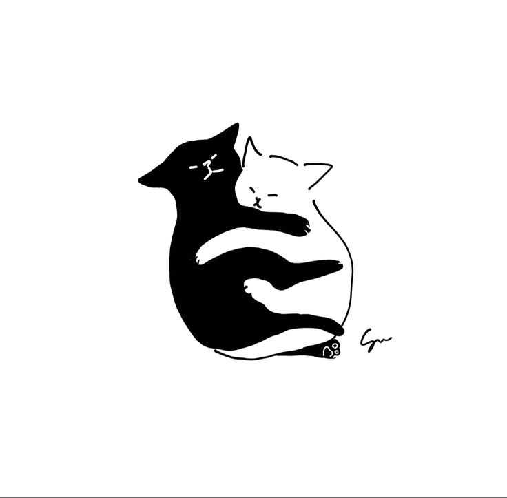 black and white drawing of two cats hugging each other