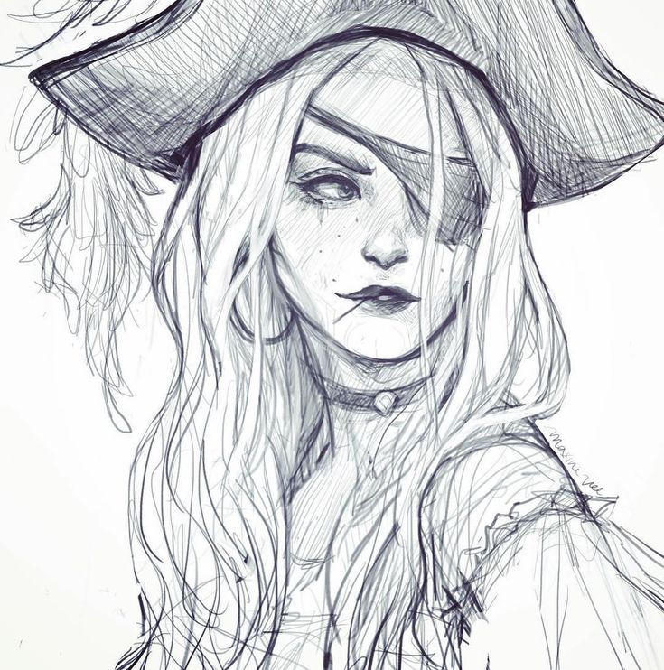 a drawing of a woman wearing a pirate hat