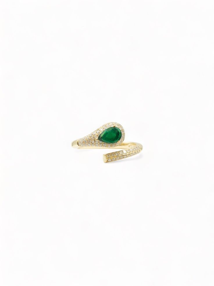 PRE-ORDER unique wrap around snake ring ft. one pear shape natural emerald stone embellished with pavé diamond band 18k solid yellow gold emerald stone weight approx. 0.4ct, size 3.8mm x 6.5mm round shape brilliant cut diamonds ring band width 2.3mm total weight 3.3g - size 6 Please Note: each ring might look slightly different from the photos due to the natural nature of the emerald stones. Wrap Around Snake, Brilliant Cut Diamond Ring, Pave Diamond Band, Natural Nature, Diamonds Ring, Snake Ring, Emerald Stone, Diamond Rings Bands, Diamond Band