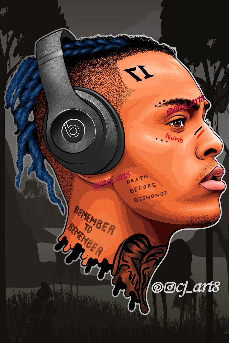 a drawing of a man with headphones on his ears and the number 11 tattooed on his forehead