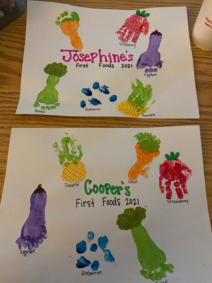 two children's handprints with different foods on them and the words, josephine's first foods