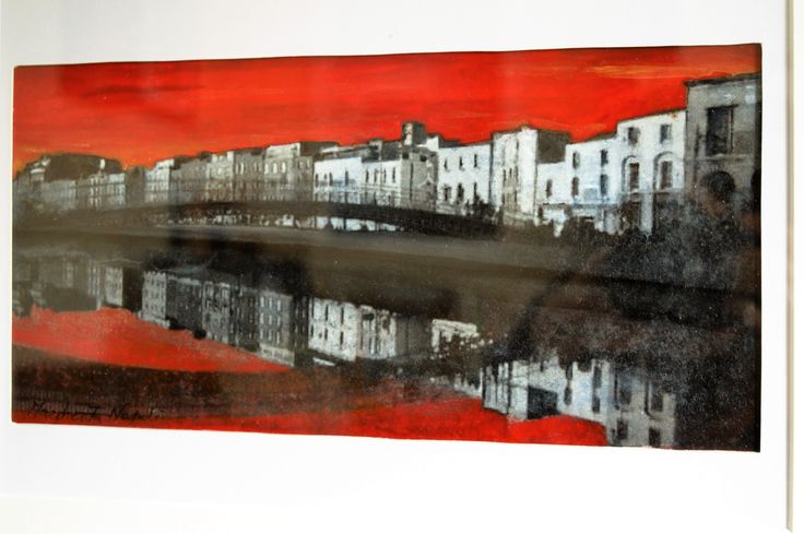 an image of a painting with buildings in the background and water reflecting off it's surface