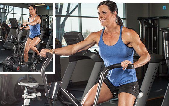 a woman is riding an exercise bike in the gym