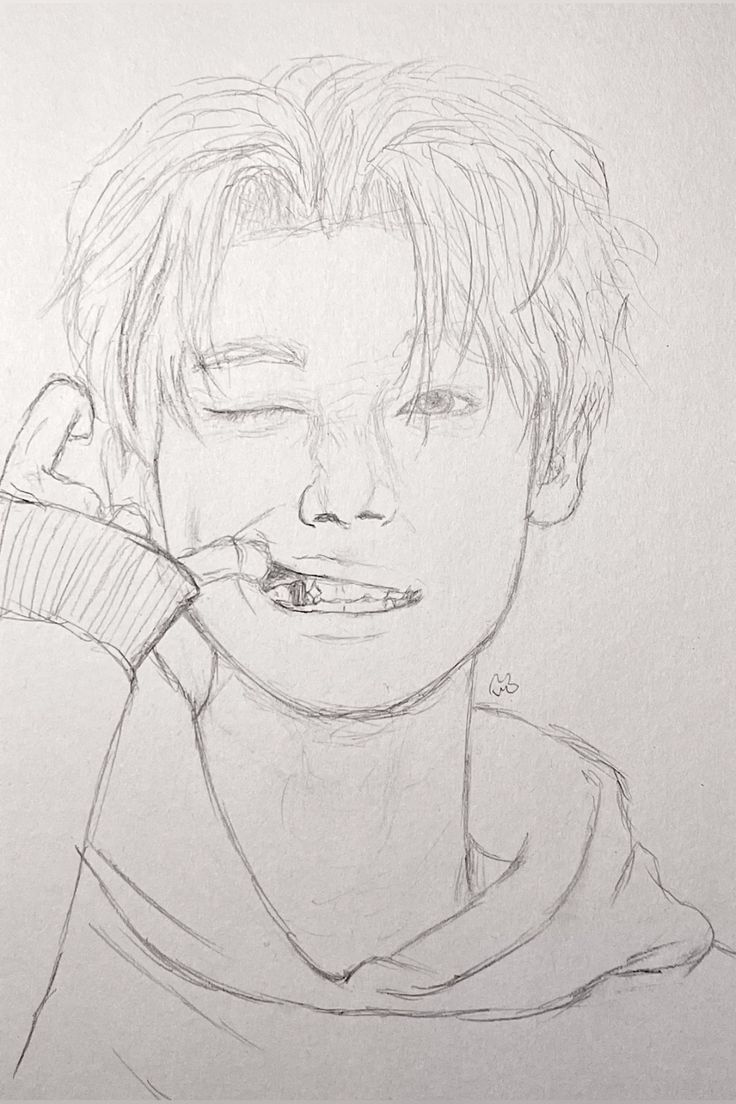 a pencil drawing of a person talking on a cell phone with his eyes closed and mouth wide open