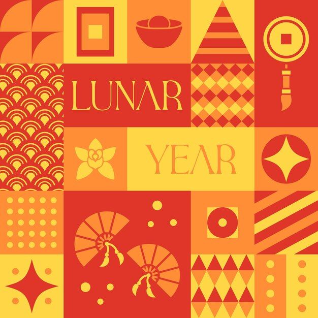 an orange and yellow poster with words that say lunar year on the bottom right corner