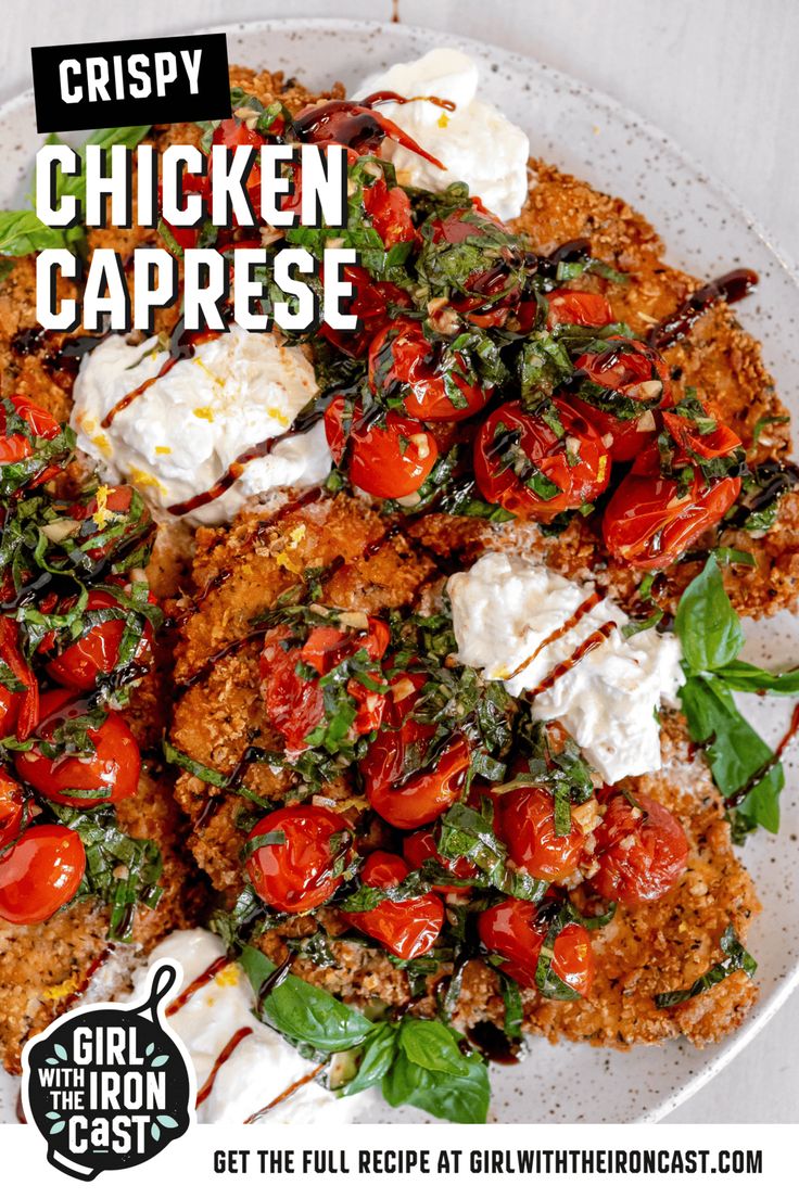 the cover of crispy chicken caprese, with tomatoes and mozzarella