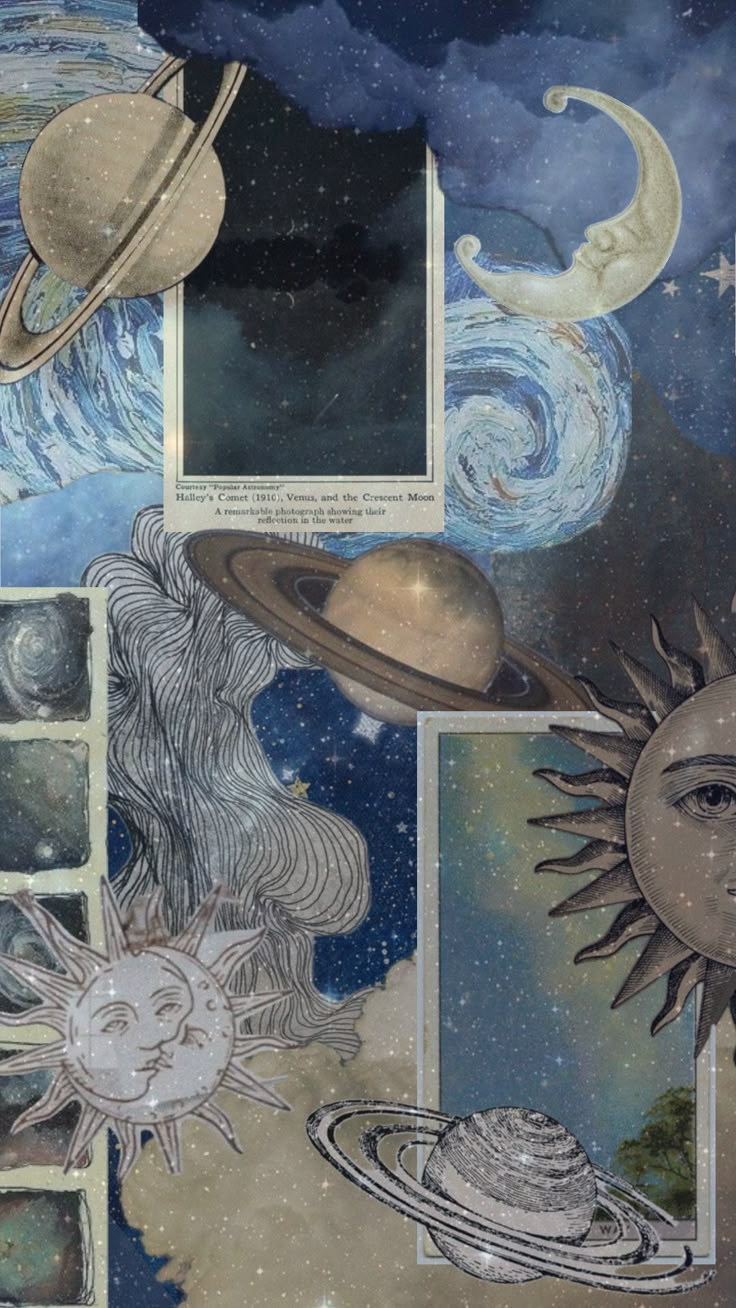 an artistic collage with images of planets and stars in the sky, including saturn