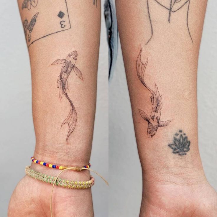 two women with tattoos on their arms and legs, both showing the same tattoo designs