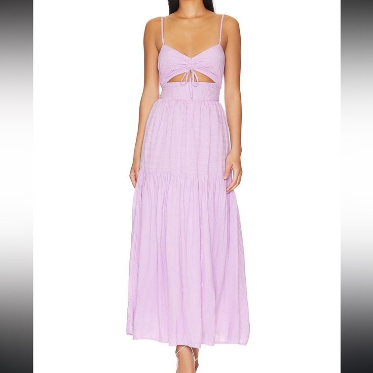 This Lavender Dress Is So Pretty And Flattering!! Chic Mauve Dresses For Vacation, Chic Mauve Dress For Vacation, Chic Mauve Vacation Dress, Elegant Lavender Maxi Dress For Brunch, Chic Lavender Sleeveless Maxi Dress, Chic Mauve Maxi Dress For Spring, Chic Lavender Midi Dress For Summer, Spring Lavender Maxi Dress, Lavender Maxi Dress For Daywear