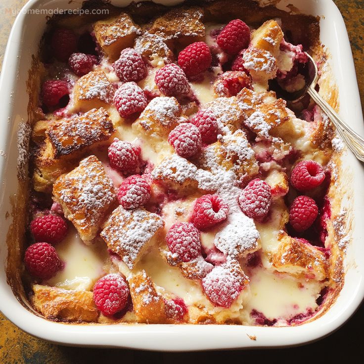 a casserole dish with raspberries and powdered sugar on top is ready to be eaten